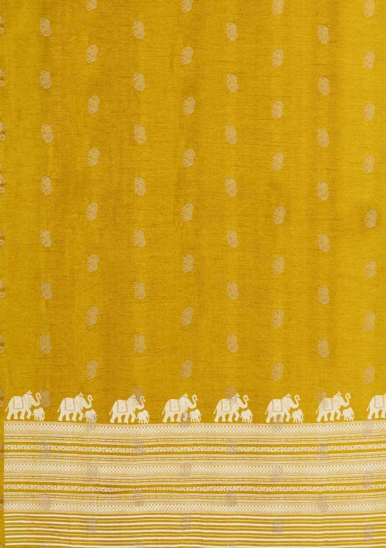 Mustard Printed Synthetics Dola Art Silk Saree Zari Buttas For Women - Indya