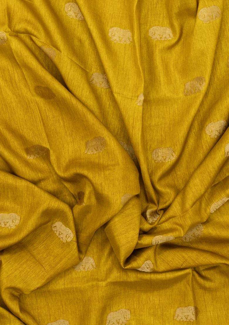 Mustard Printed Synthetics Dola Art Silk Saree Zari Buttas For Women - Indya