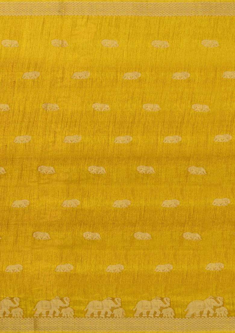 Mustard Printed Synthetics Dola Art Silk Saree Zari Buttas For Women - Indya