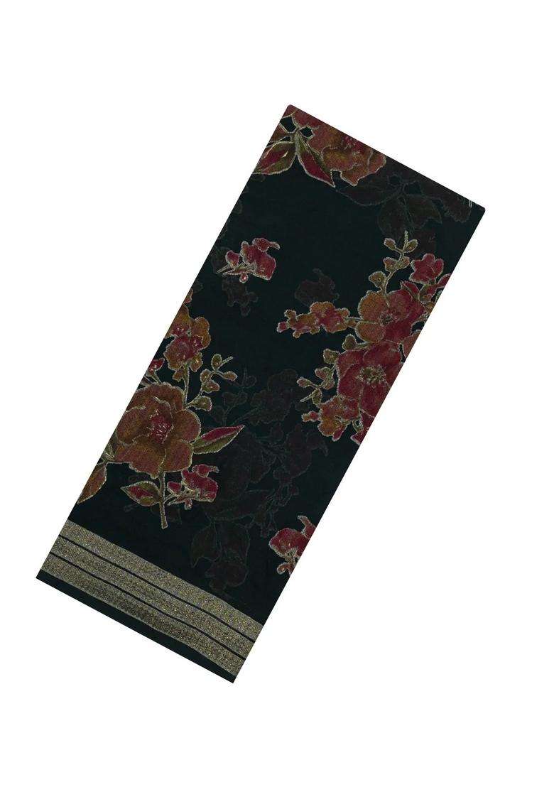 Bottle Green Printed Synthetics Brasso Art Silk Saree With Floral Motifs For Women - Indya