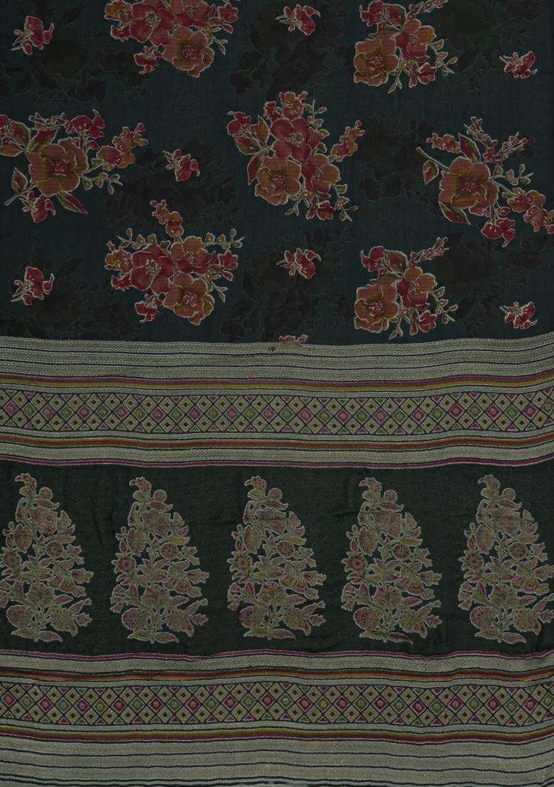Bottle Green Printed Synthetics Brasso Art Silk Saree With Floral Motifs For Women - Indya