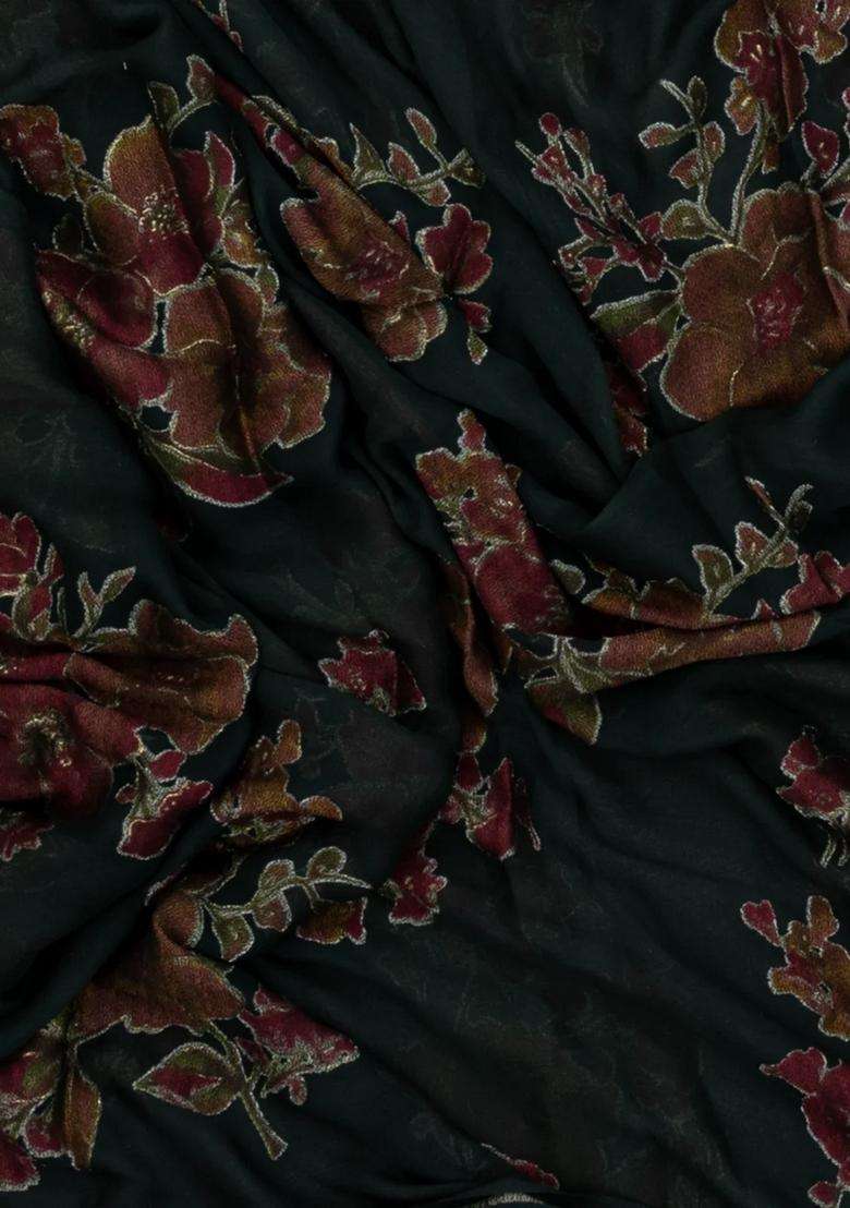 Bottle Green Printed Synthetics Brasso Art Silk Saree With Floral Motifs For Women - Indya