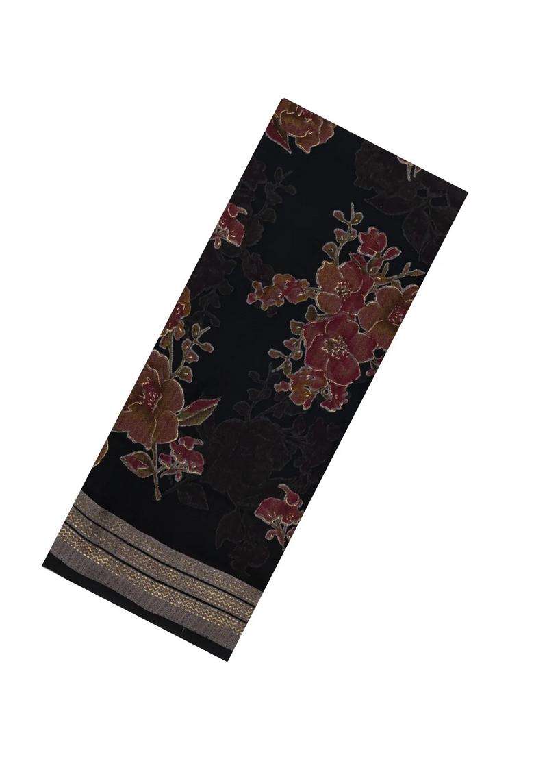 Black Printed Synthetics Brasso Art Silk Saree With Floral Motifs For Women - Indya
