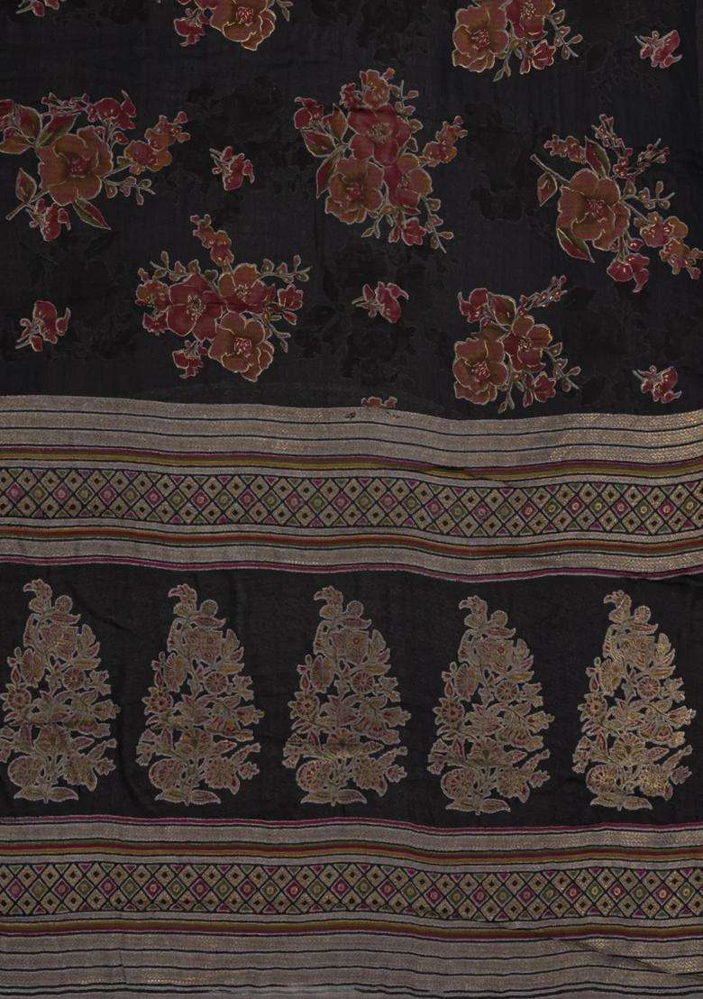 Black Printed Synthetics Brasso Art Silk Saree With Floral Motifs For Women - Indya