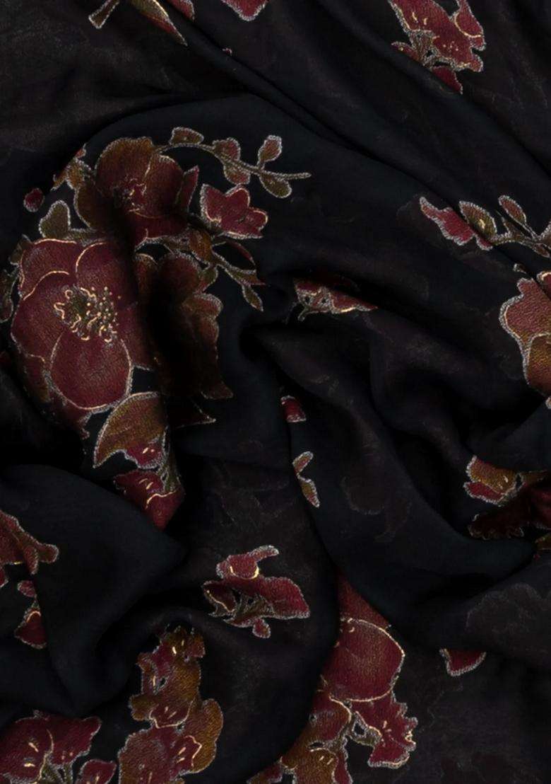 Black Printed Synthetics Brasso Art Silk Saree With Floral Motifs For Women - Indya
