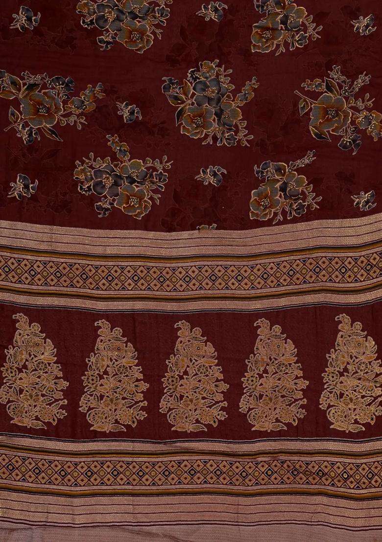 Crimson Printed Synthetics Brasso Art Silk Saree With Floral Motifs For Women - Indya