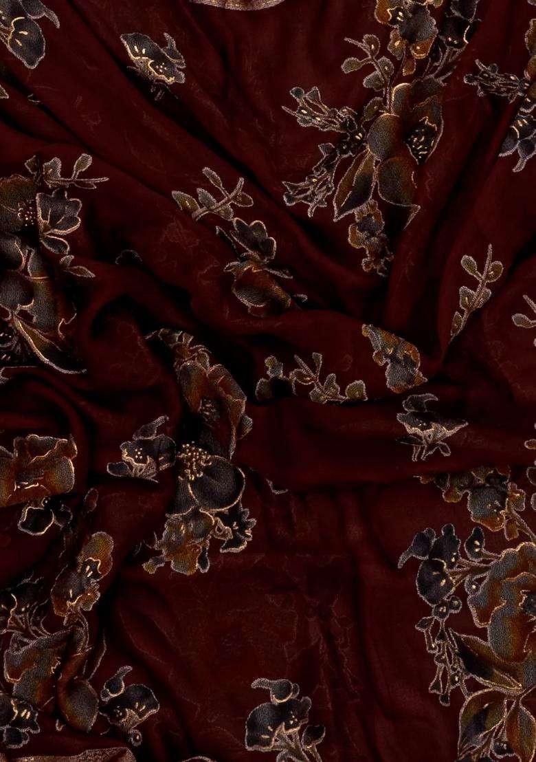 Crimson Printed Synthetics Brasso Art Silk Saree With Floral Motifs For Women - Indya