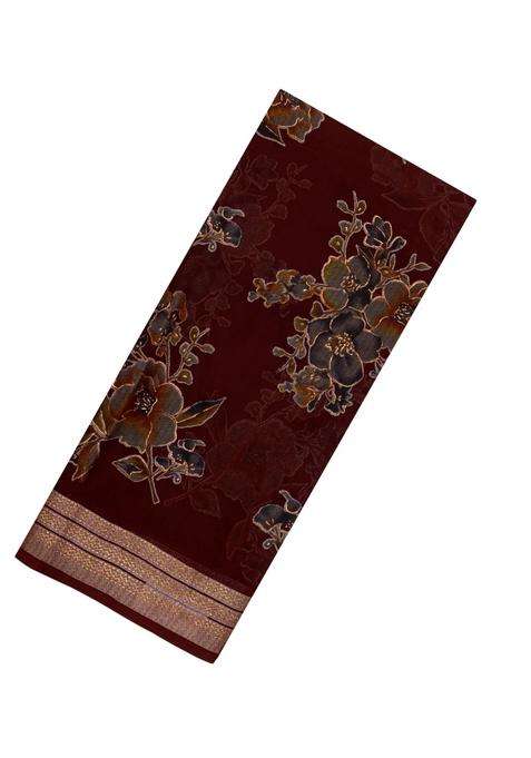 Crimson Printed Synthetics Brasso Art Silk Saree With Floral Motifs For Women