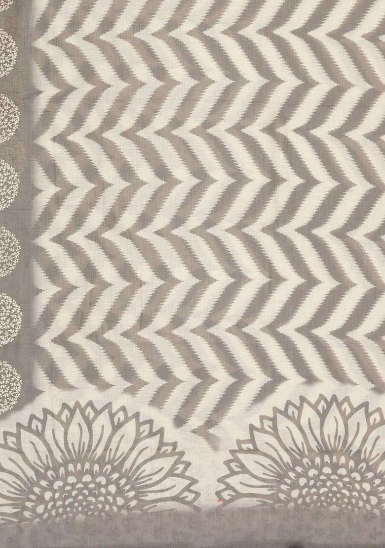 Grey Printed Synthetics Linen Saree With Embroidery Border With Embroidered Design For Women - Indya