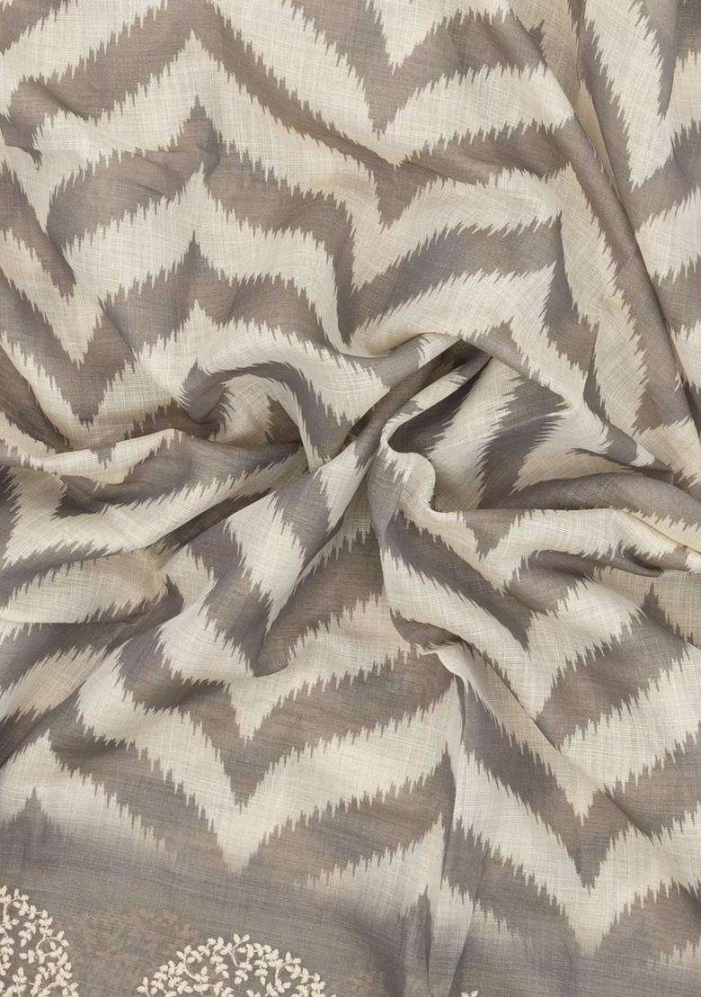 Grey Printed Synthetics Linen Saree With Embroidery Border With Embroidered Design For Women - Indya