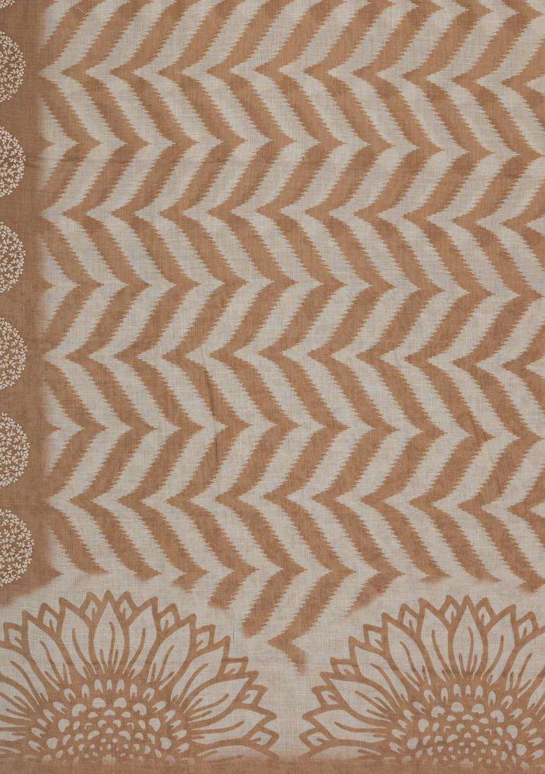 Taupe Printed Synthetics Linen Saree With Embroidery Border With Embroidered Design For Women - Indya