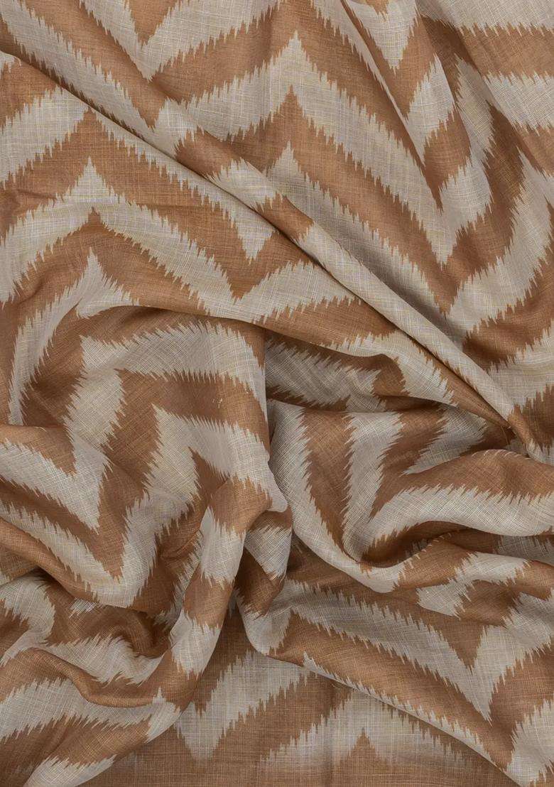 Taupe Printed Synthetics Linen Saree With Embroidery Border With Embroidered Design For Women - Indya