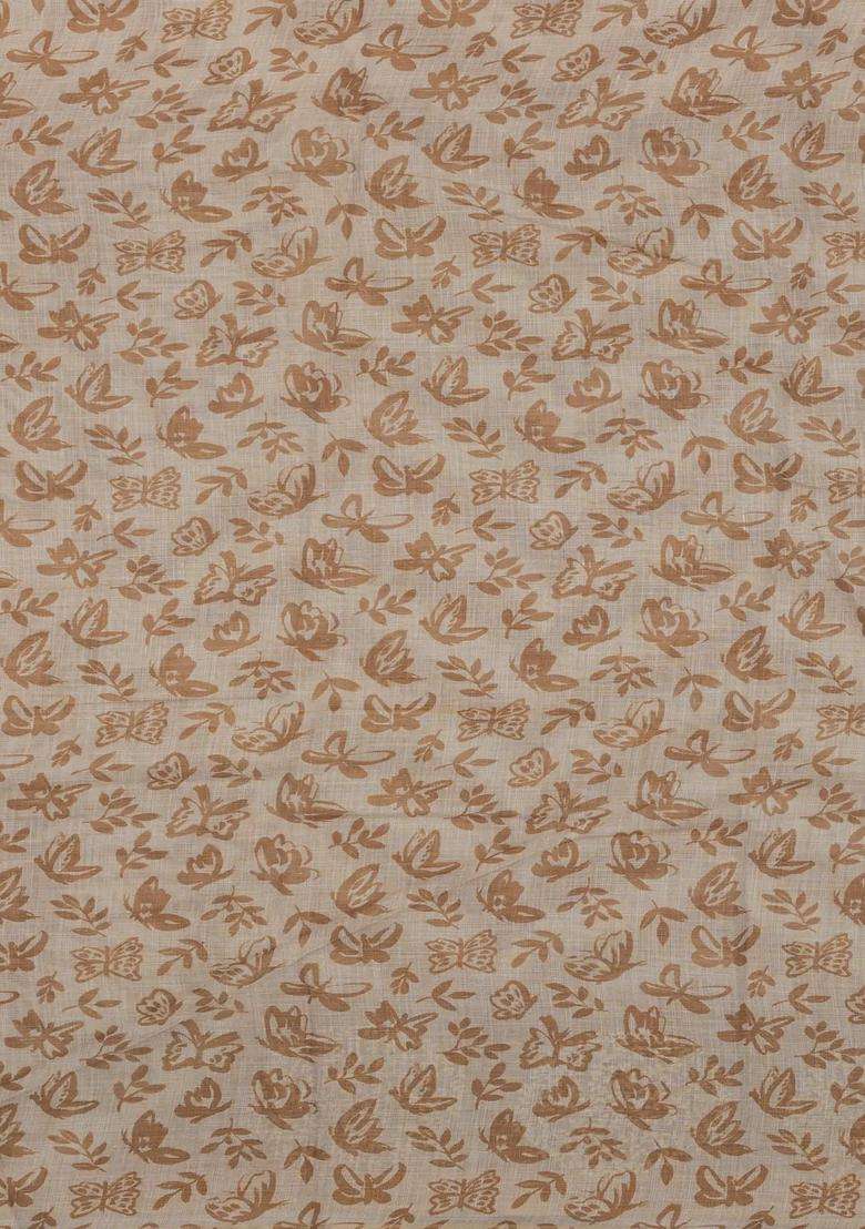 Taupe Printed Synthetics Linen Saree With Embroidery Border With Embroidered Design For Women - Indya