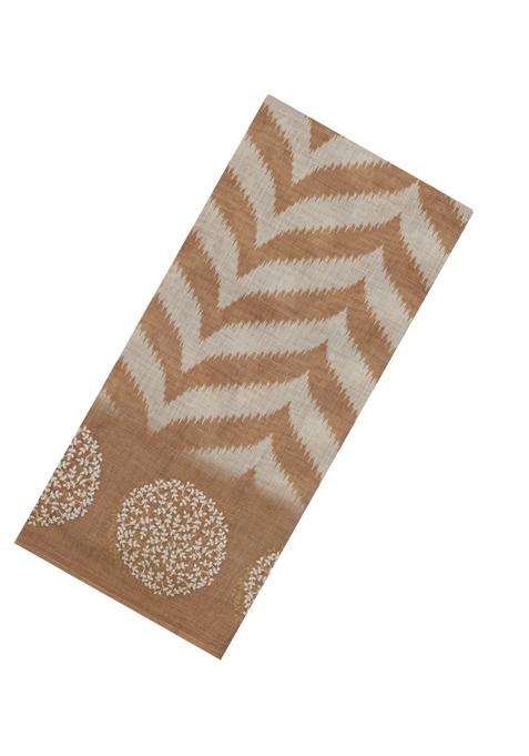 Taupe Printed Synthetics Linen Saree With Embroidery Border With Embroidered Design For Women