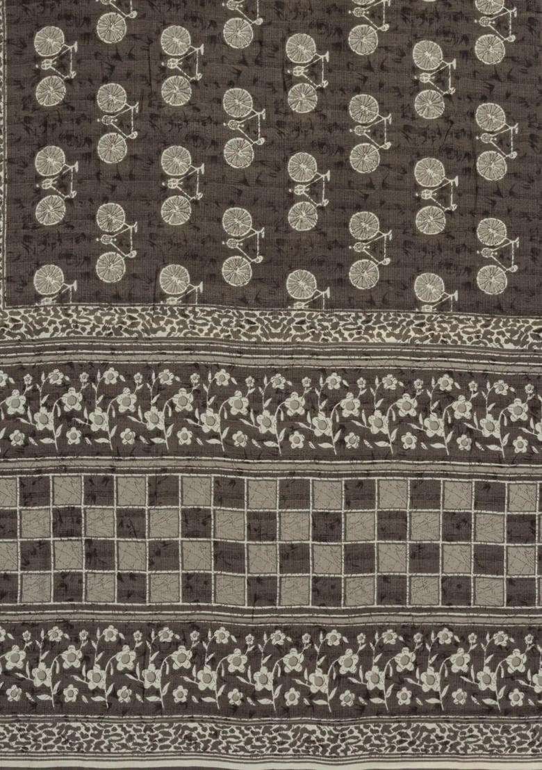 Dark Grey Printed Synthetic Makka Silk Saree With Cycle Motifs For Women - Indya