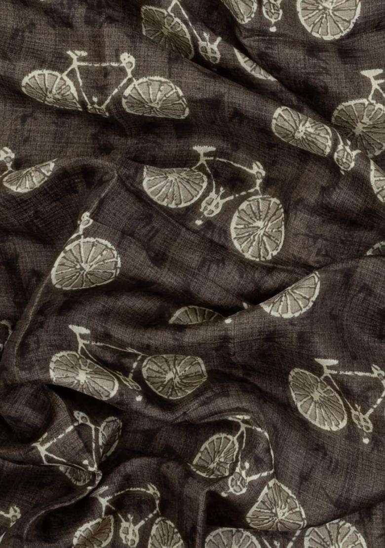Dark Grey Printed Synthetic Makka Silk Saree With Cycle Motifs For Women - Indya