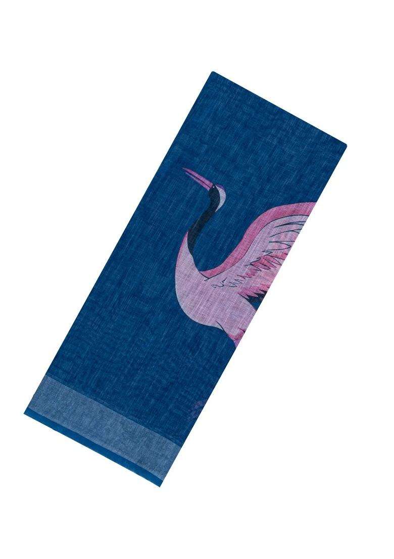 Blue Printed Synthetics Linen Saree With Zari Border For Women - Indya