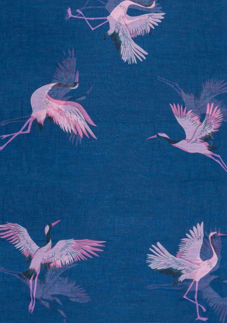 Blue Printed Synthetics Linen Saree With Zari Border For Women - Indya