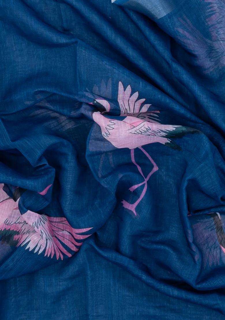 Blue Printed Synthetics Linen Saree With Zari Border For Women - Indya