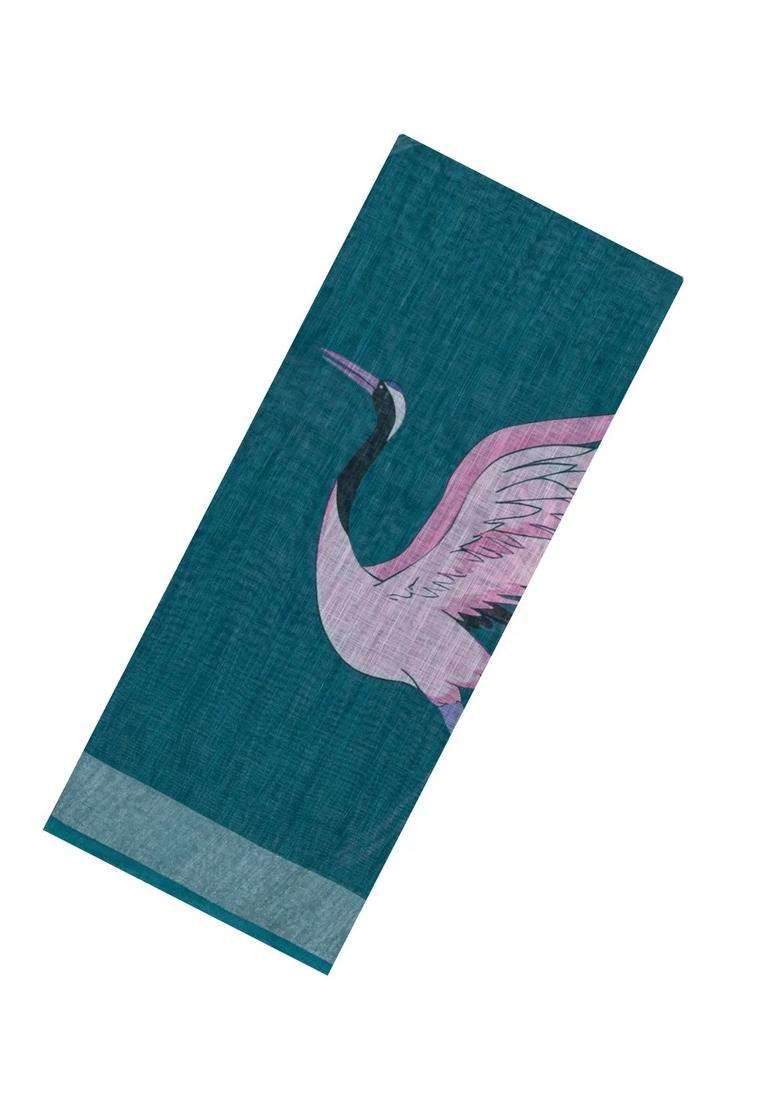 Teal Printed Synthetics Linen Saree With Zari Border For Women - Indya