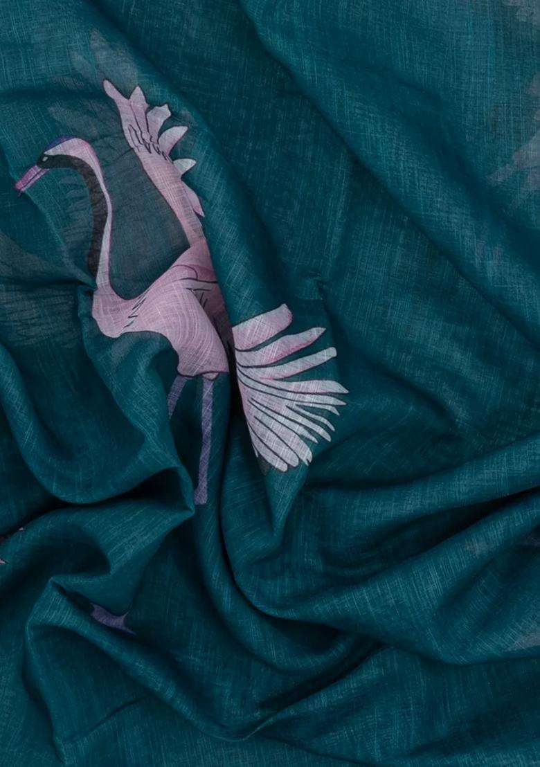 Teal Printed Synthetics Linen Saree With Zari Border For Women - Indya