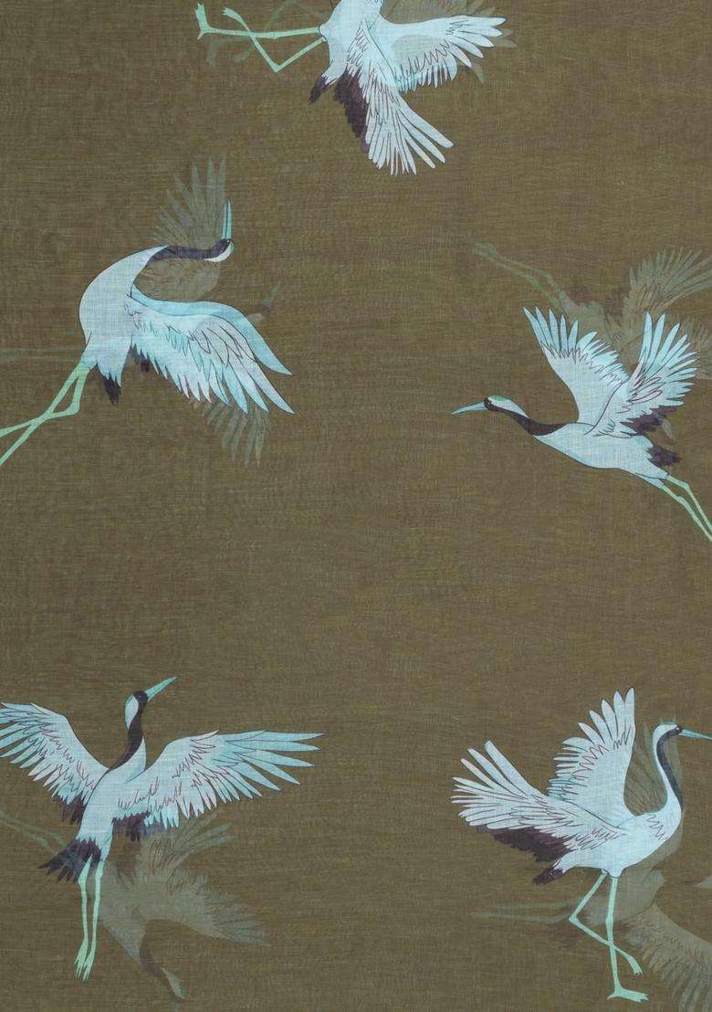Olive Greem Printed Synthetics Linen Saree With Zari Border For Women - Indya