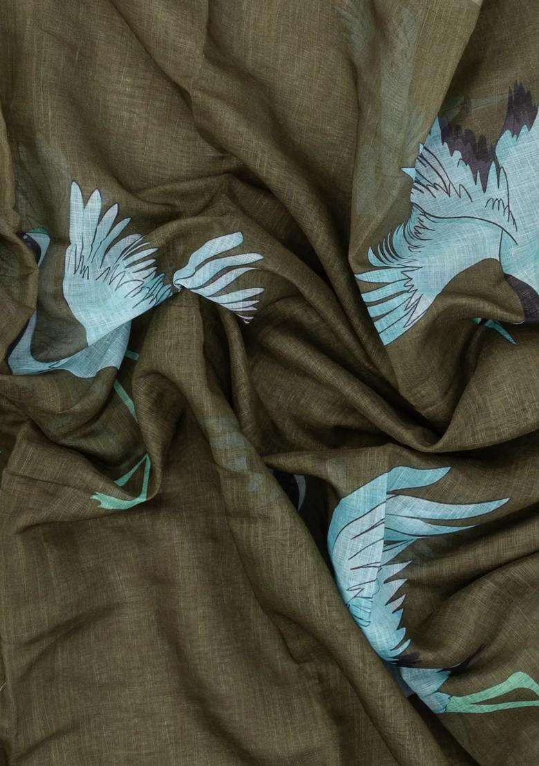 Olive Greem Printed Synthetics Linen Saree With Zari Border For Women - Indya