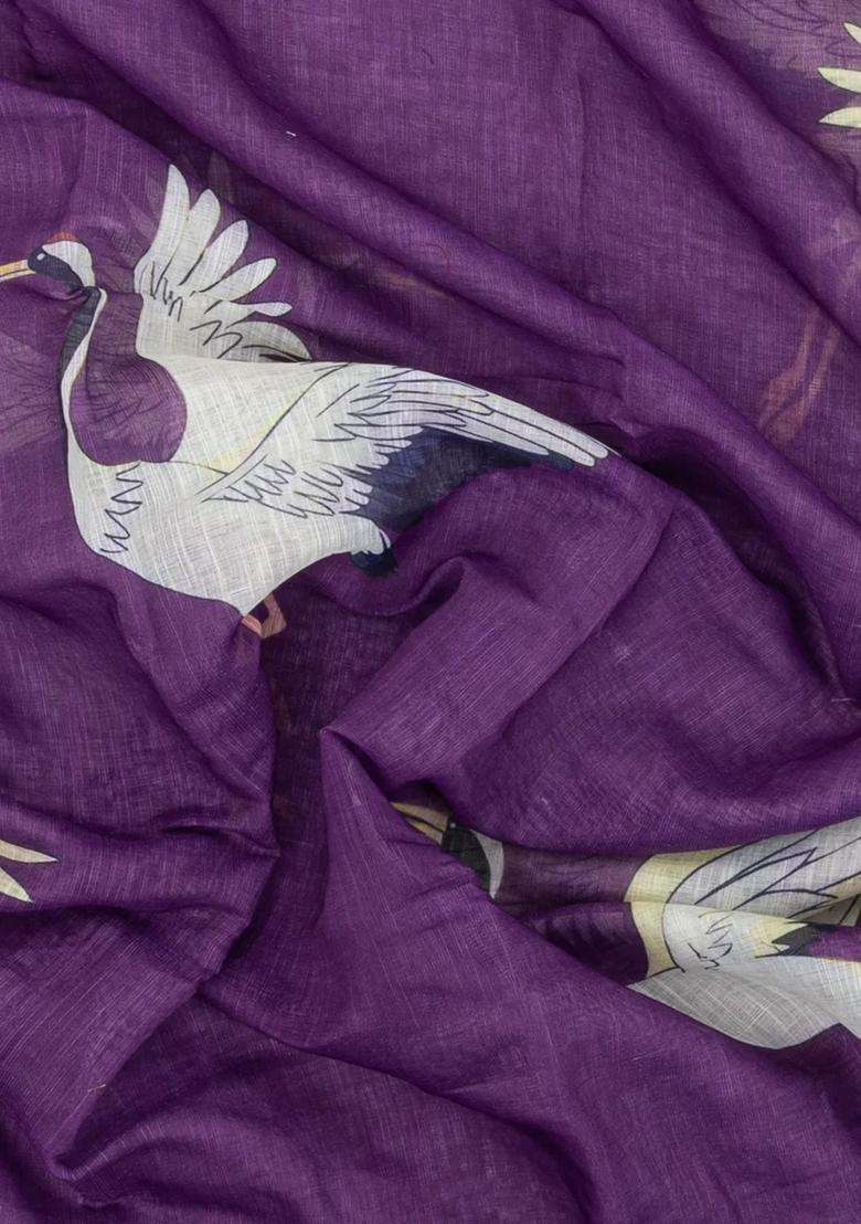 Lilac Printed Synthetics Linen Saree With Zari Border For Women - Indya