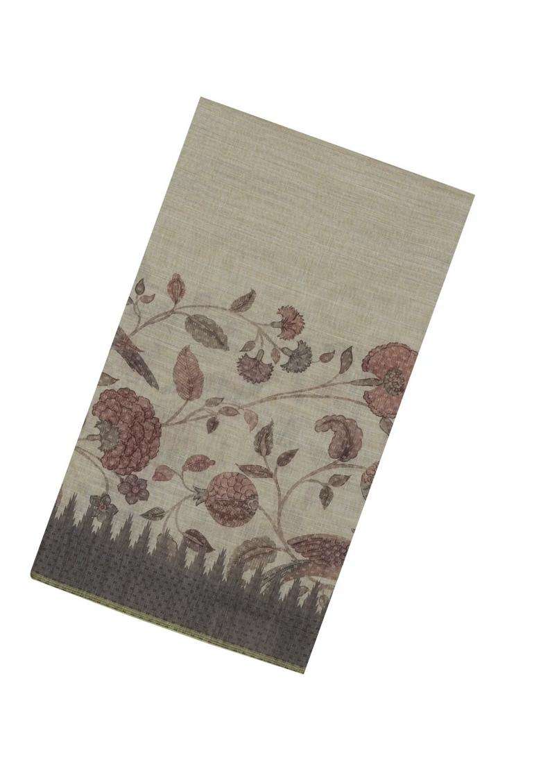 Taupe Printed Synthetic Linen Saree With Jhalar For Women - Indya