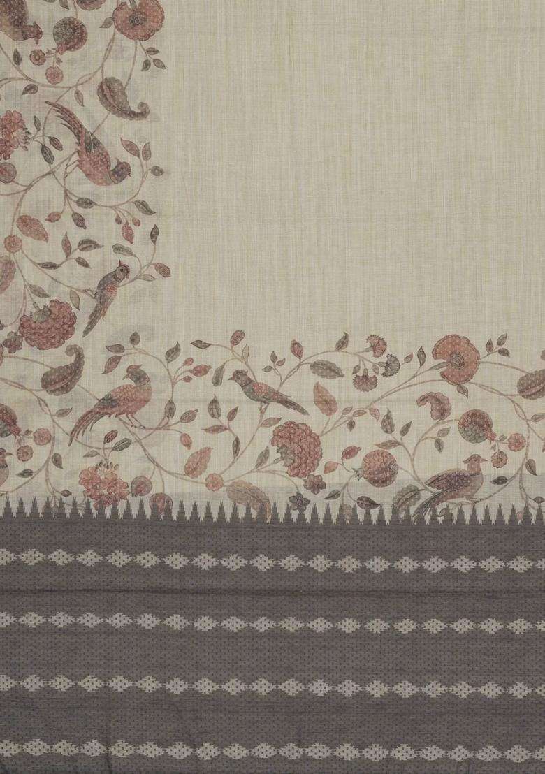 Taupe Printed Synthetic Linen Saree With Jhalar For Women - Indya