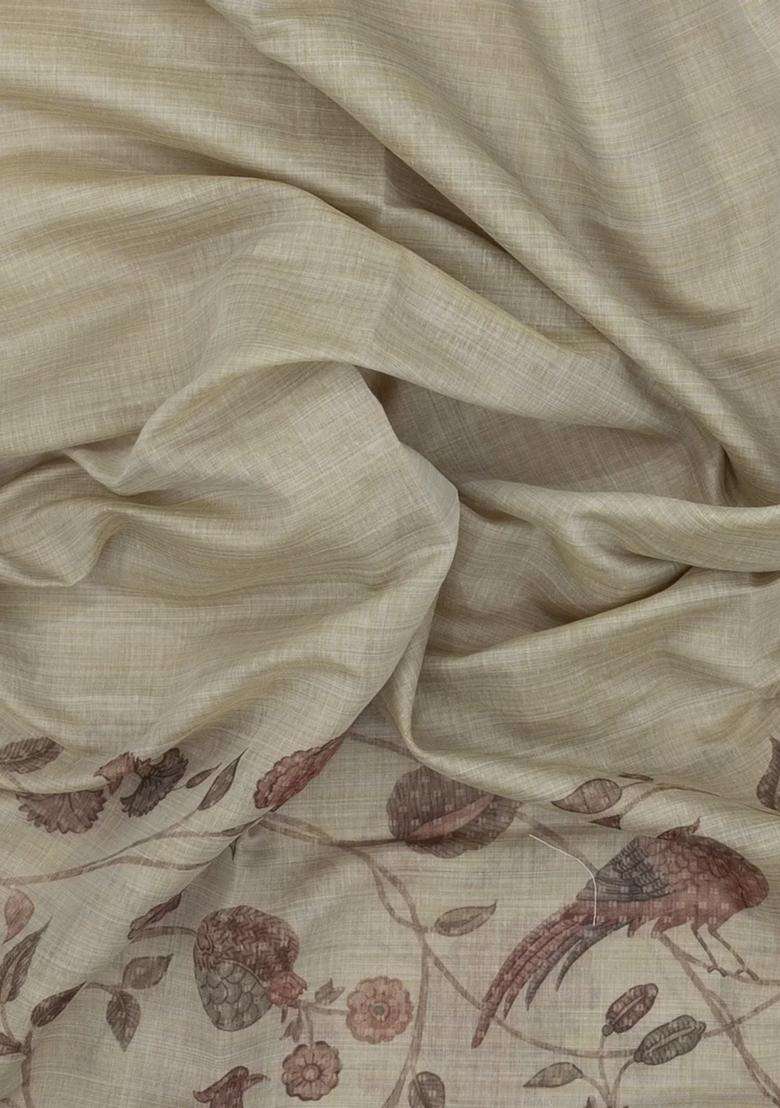 Taupe Printed Synthetic Linen Saree With Jhalar For Women - Indya