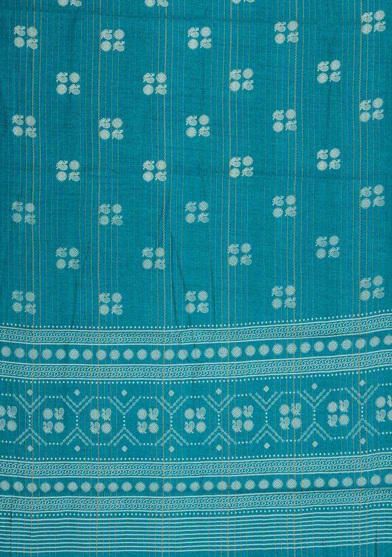 Cyan Printed Synthetics Dola Crepe Saree With Zari Stripes For Women - Indya