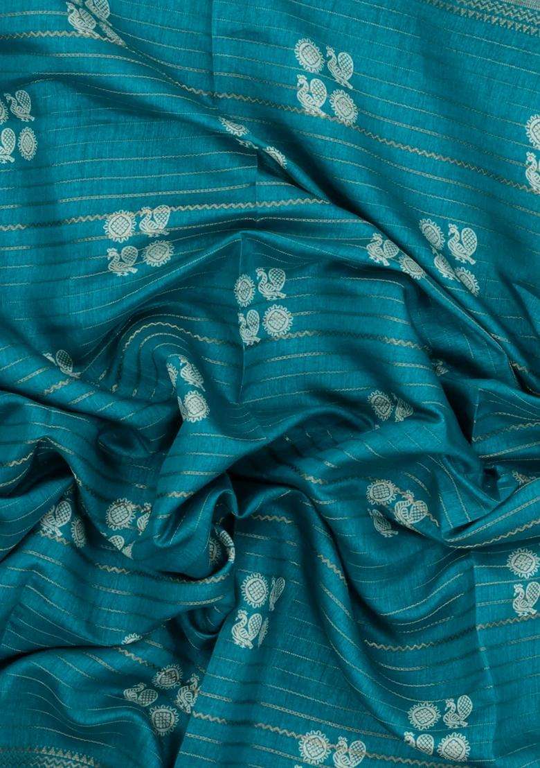 Cyan Printed Synthetics Dola Crepe Saree With Zari Stripes For Women - Indya