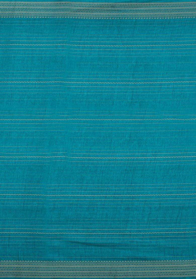 Cyan Printed Synthetics Dola Crepe Saree With Zari Stripes For Women - Indya