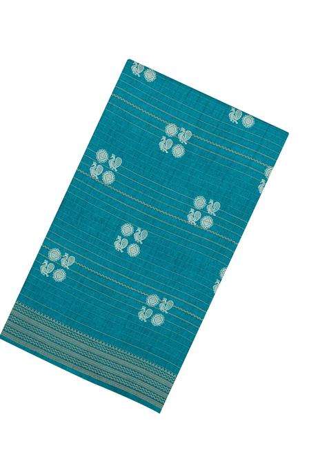 Cyan Printed Synthetics Dola Crepe Saree With Zari Stripes For Women