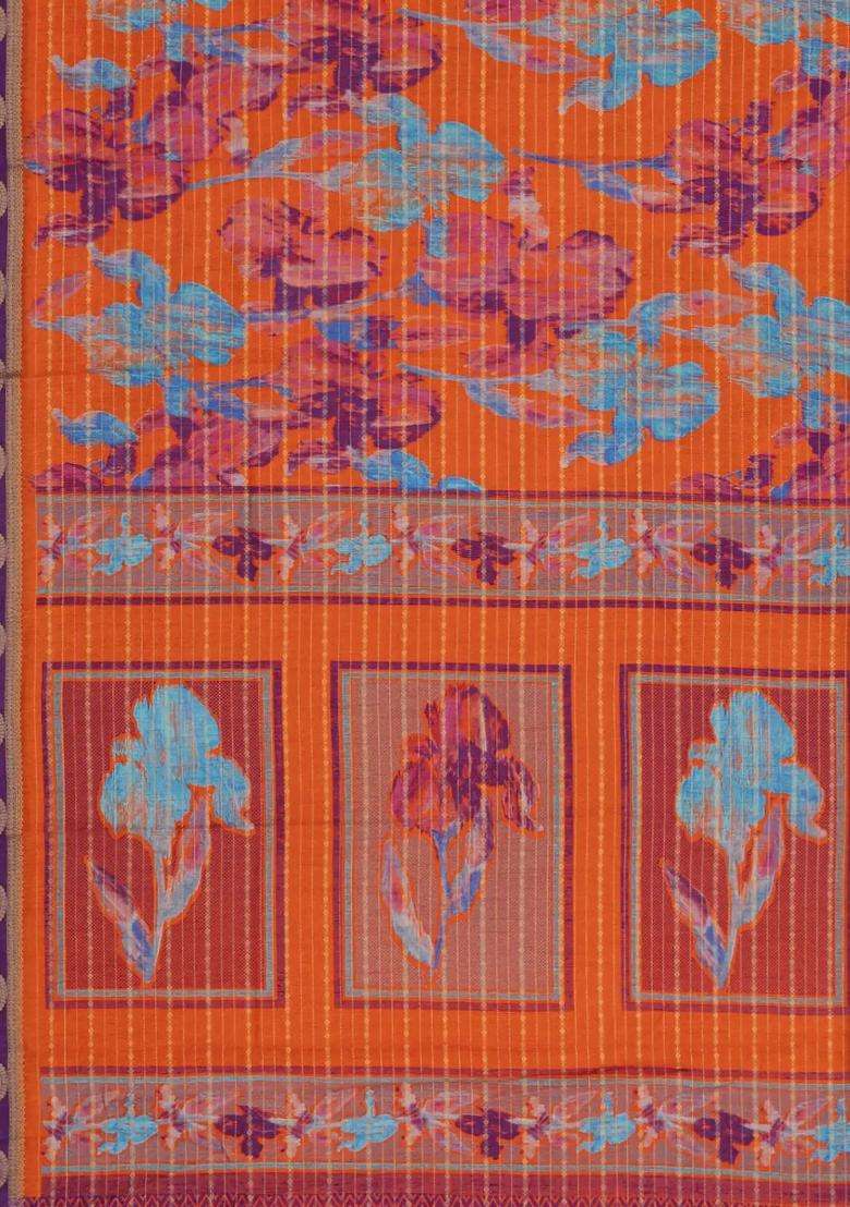 Orange Printed Synthetics Dola Silk Crepe Saree Zari Stripes Contrast Border For Women - Indya
