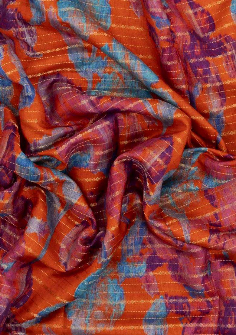 Orange Printed Synthetics Dola Silk Crepe Saree Zari Stripes Contrast Border For Women - Indya