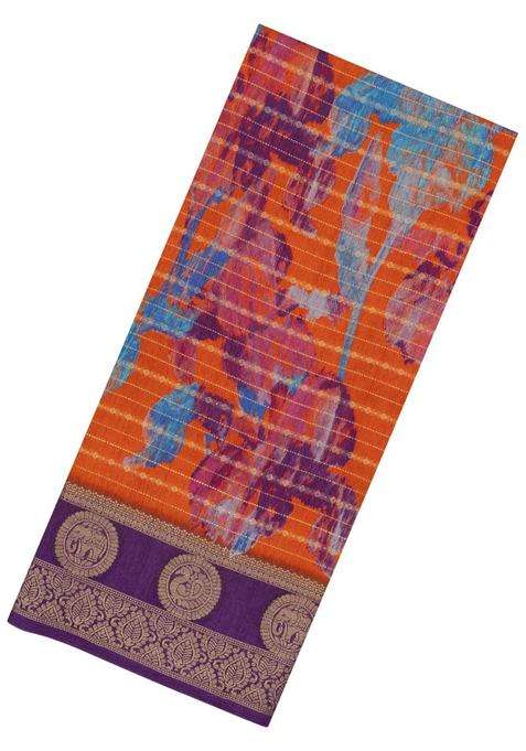 Orange Printed Synthetics Dola Silk Crepe Saree Zari Stripes Contrast Border For Women