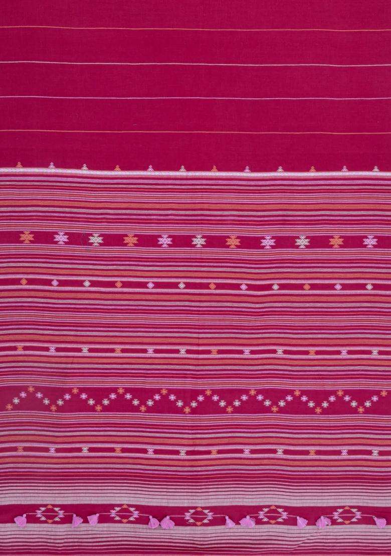 Pink Handloom Chanderi Cotton Saree With Stripes With Checks And Stripes Design For Women - Indya