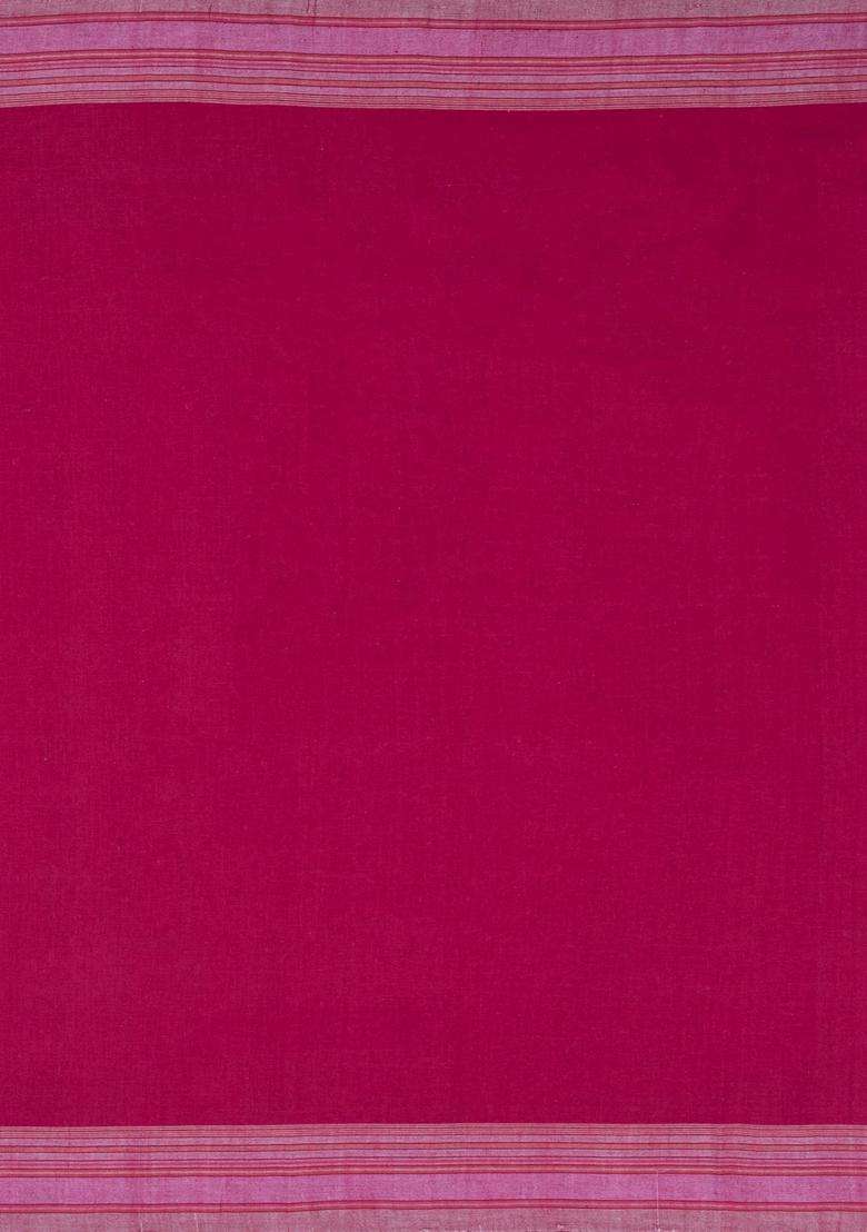 Pink Handloom Chanderi Cotton Saree With Stripes With Checks And Stripes Design For Women - Indya