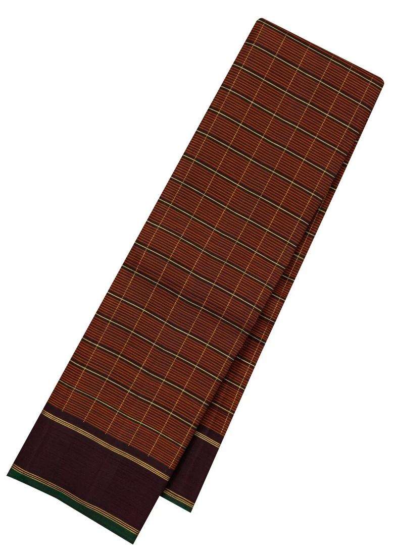 Brown Handloom Kanchipuram Silk Saree With Zari Checks Contrast Border With Checks And Stripes Design For Women - Indya