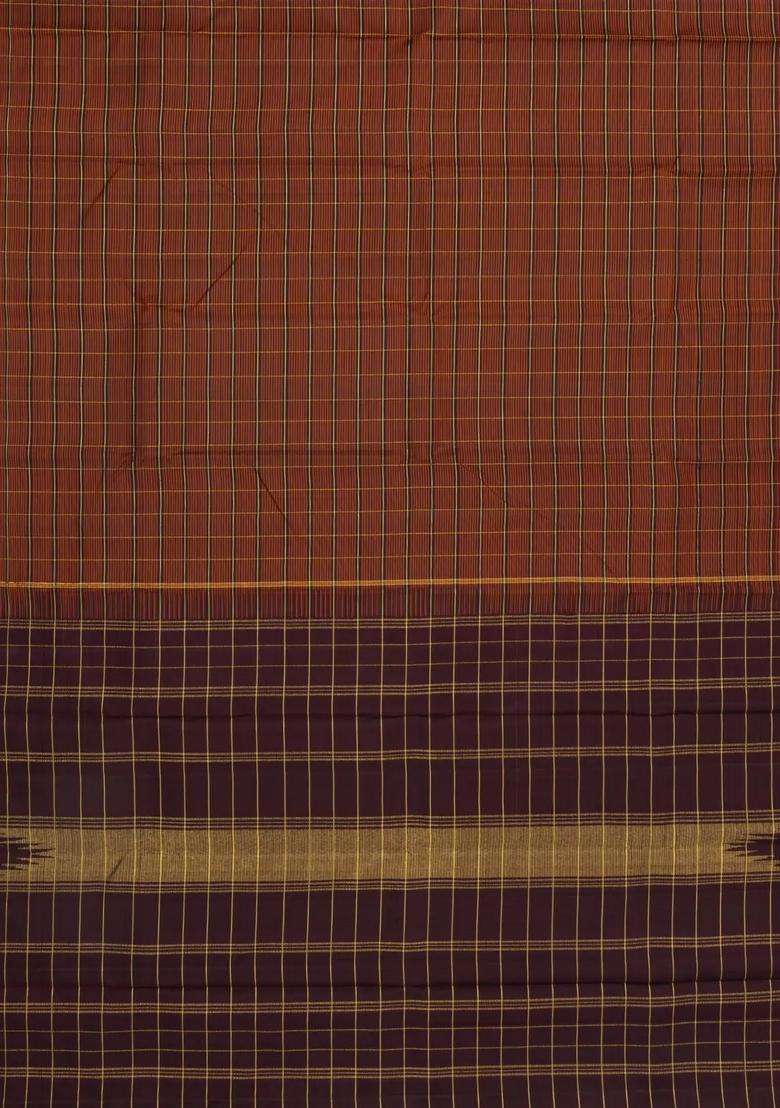 Brown Handloom Kanchipuram Silk Saree With Zari Checks Contrast Border With Checks And Stripes Design For Women - Indya