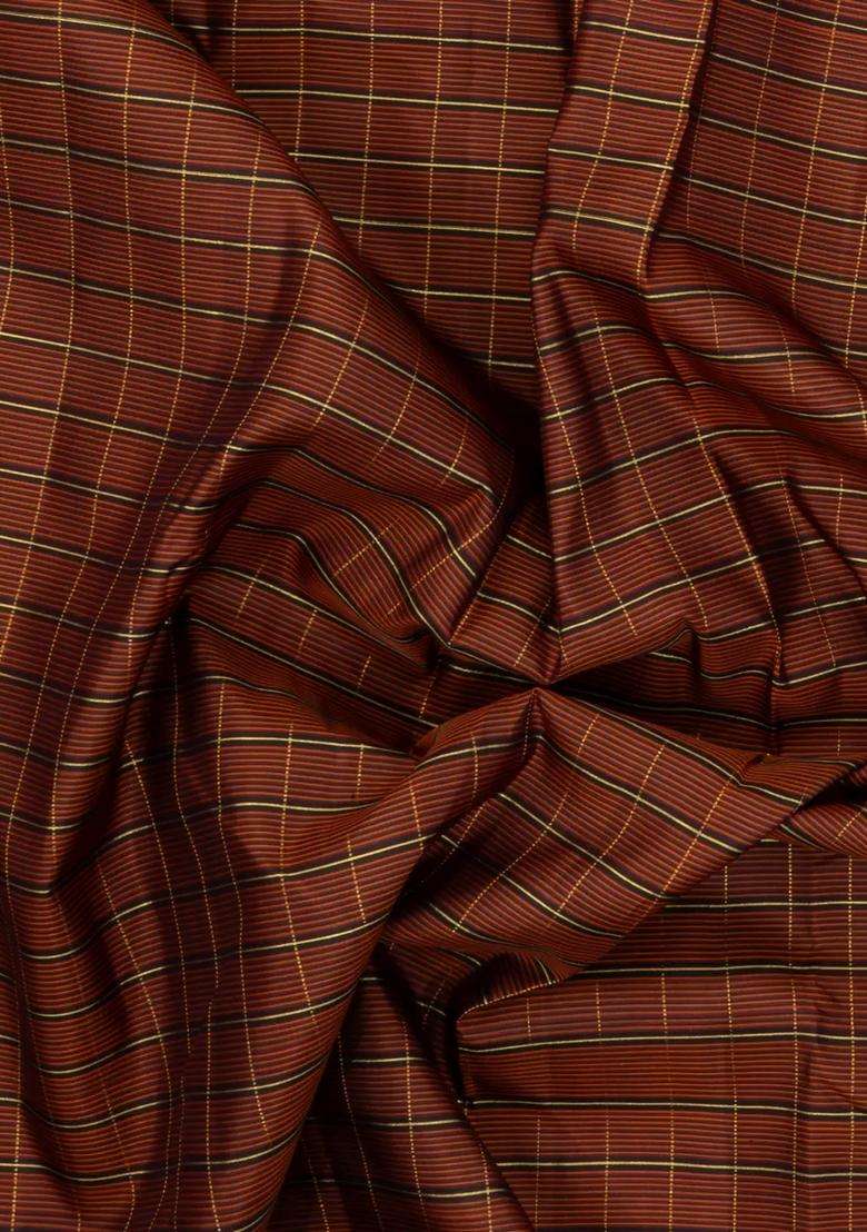 Brown Handloom Kanchipuram Silk Saree With Zari Checks Contrast Border With Checks And Stripes Design For Women - Indya
