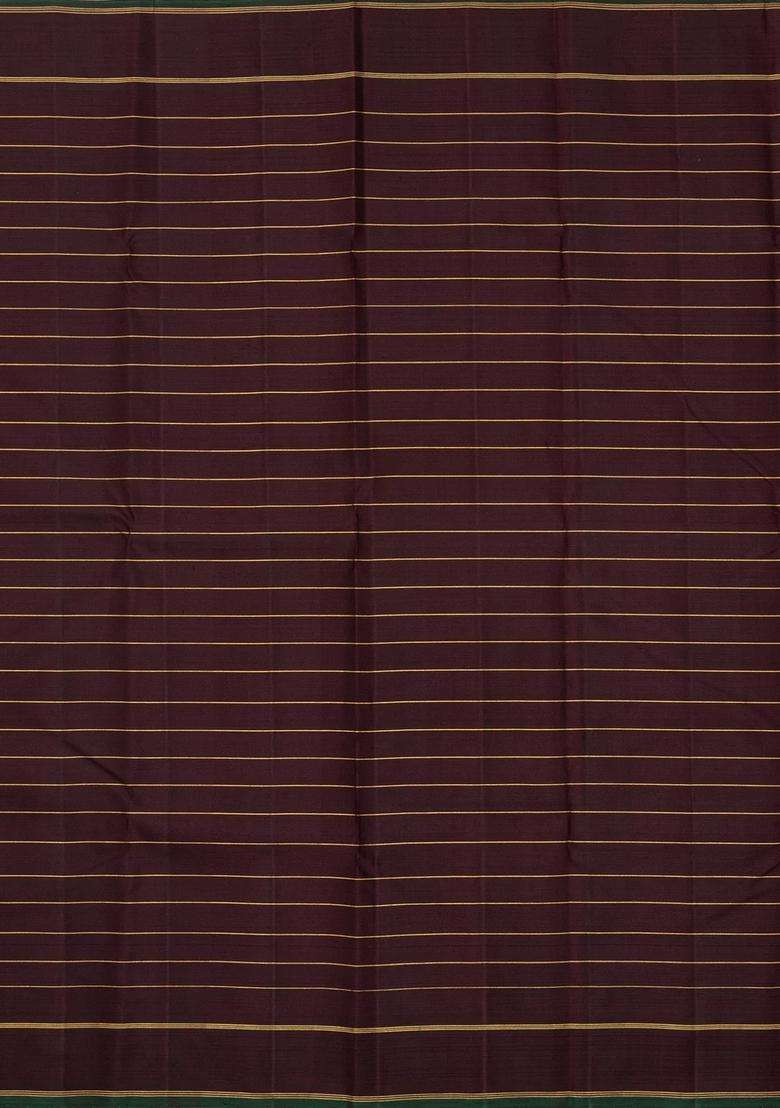 Brown Handloom Kanchipuram Silk Saree With Zari Checks Contrast Border With Checks And Stripes Design For Women - Indya