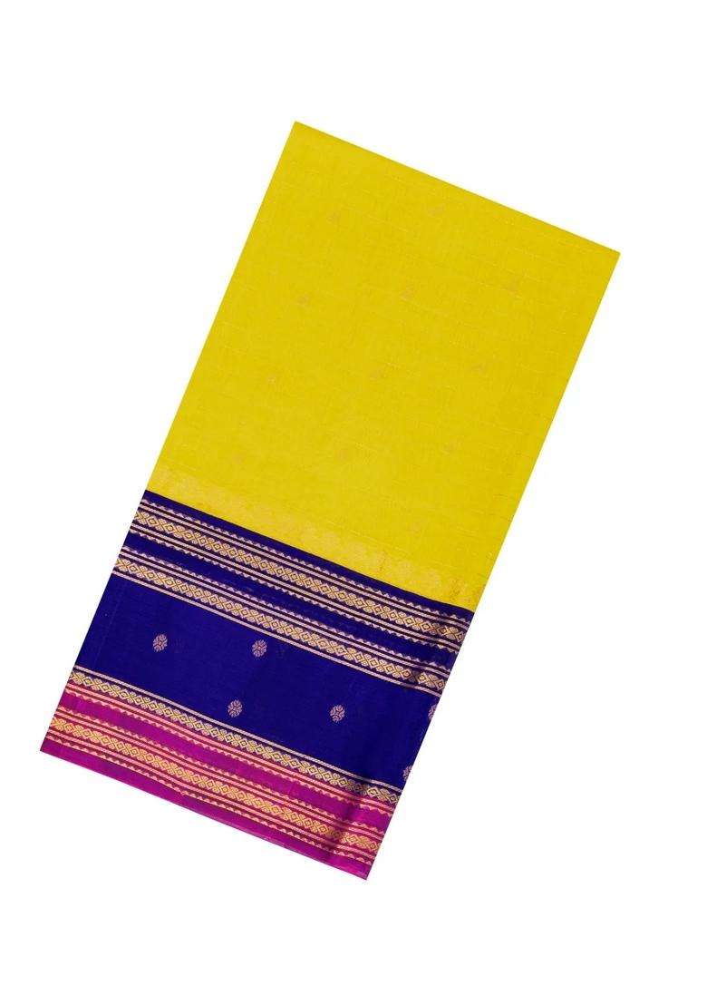 Yellow Handloom Silk Cotton Saree With Zari Checks Contrast Border With Checks And Stripes Design For Women - Indya