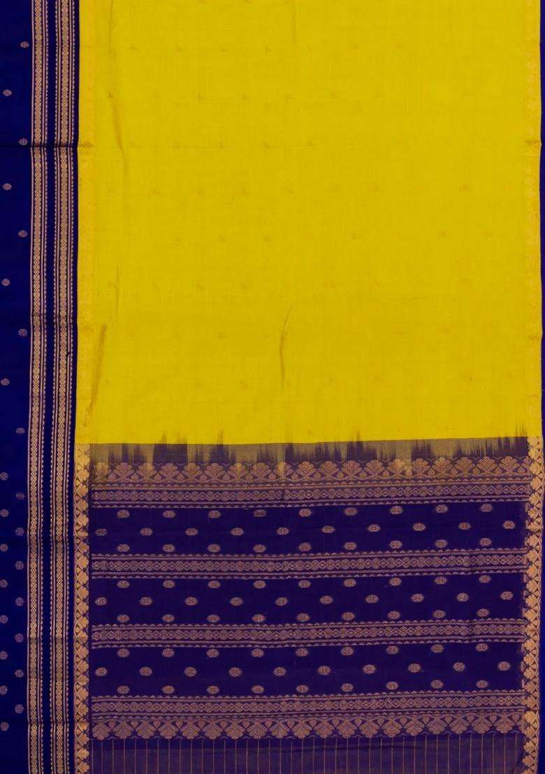 Yellow Handloom Silk Cotton Saree With Zari Checks Contrast Border With Checks And Stripes Design For Women - Indya
