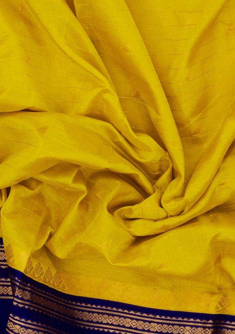 Yellow Handloom Silk Cotton Saree With Zari Checks Contrast Border With Checks And Stripes Design For Women - Indya