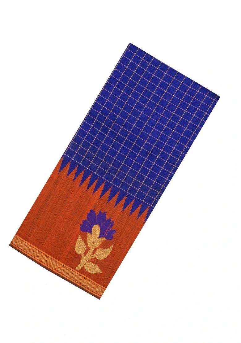 Blue Woven Tussar Silk Saree With Checks Contrast Border With Checks And Stripes Design For Women - Indya