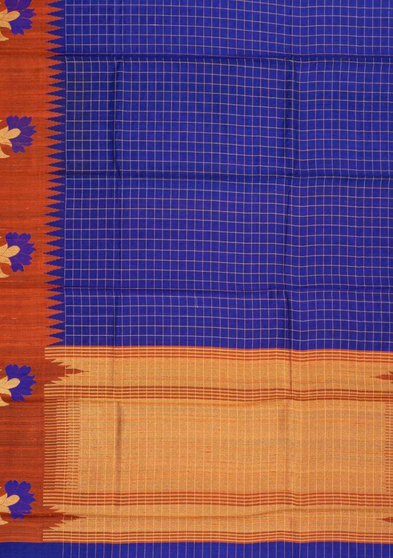 Blue Woven Tussar Silk Saree With Checks Contrast Border With Checks And Stripes Design For Women - Indya