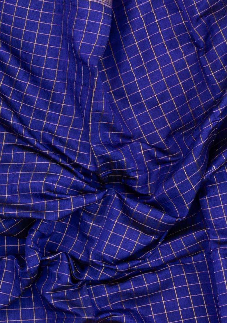 Blue Woven Tussar Silk Saree With Checks Contrast Border With Checks And Stripes Design For Women - Indya